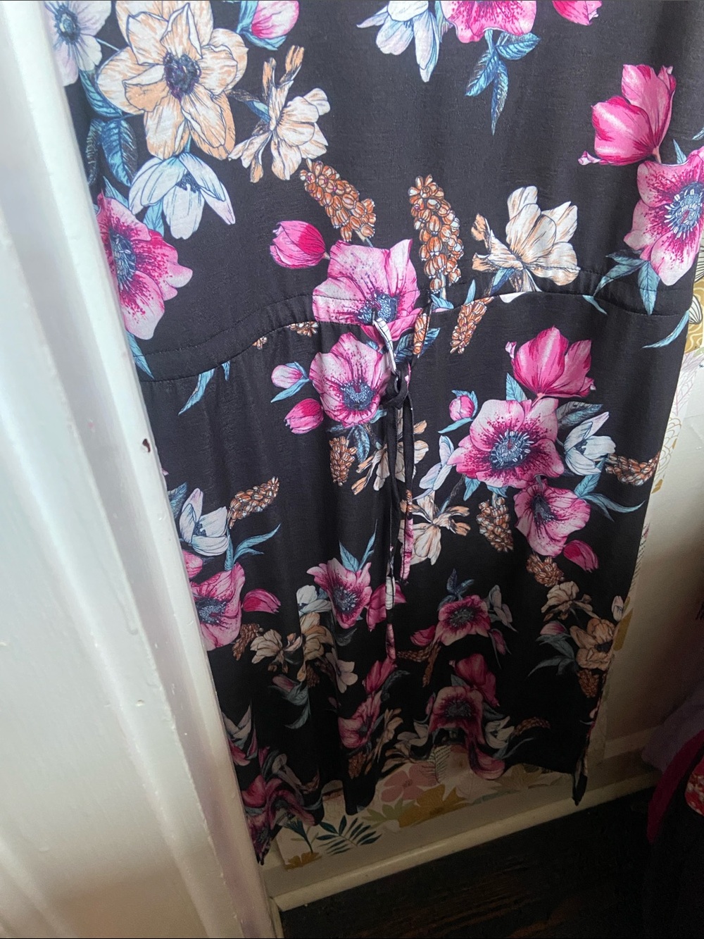 NWT West Loop Black Floral V-Neck Maxi Dress with Pink & Blue Blooms Size XL